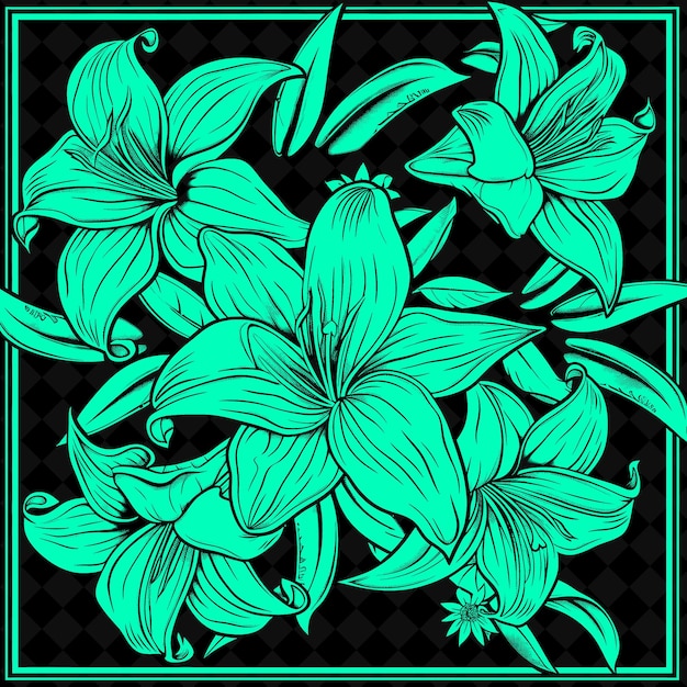 PSD png lily folk art with petals and leaves for decorations in the illustration outline frame decor (sztuka ludowa lilii z płatkami i liśćmi do dekoracji w ilustracji)