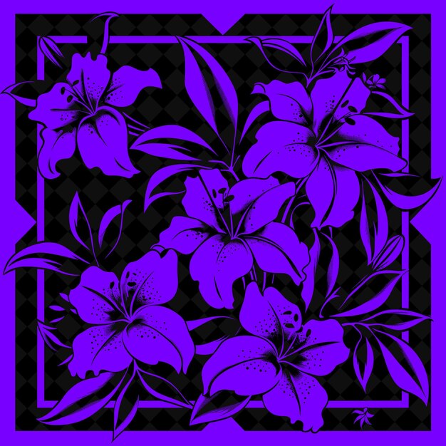 PSD png lily folk art with petals and leaves for decorations in the illustration outline frame decor