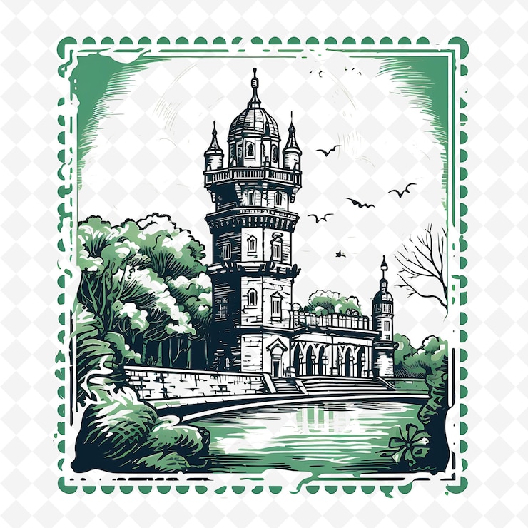 PSD png lisbon city with monochrome mint green color belem tower and handdrawn watercolor landscapes