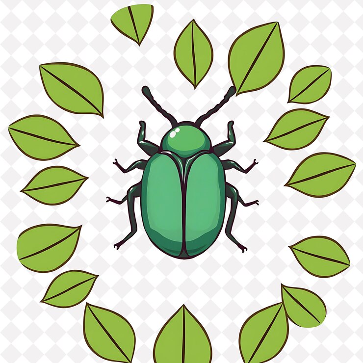 PSD png lively beetle with leaf shapes arranged like a forest earthy and green cu cute animal design