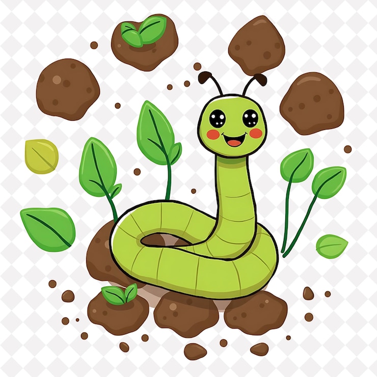 PSD png lively worm with soil shapes arranged like a garden earthy and green cute cute animal design