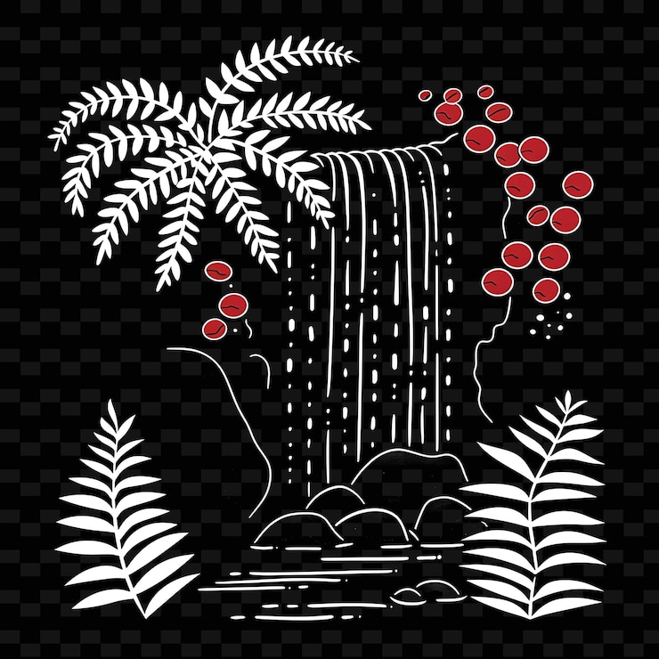 PSD png lush ferns borderlines design with waterfall feature and rivillustration abstract collections