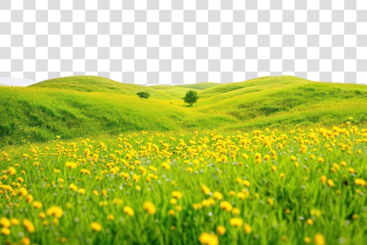 PSD png lush green hills with flowers