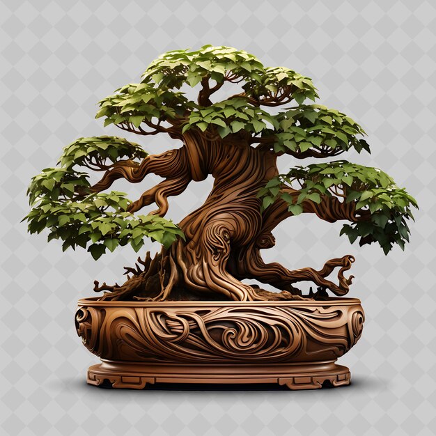 PSD png mahogany bonsai tree carved wooden pot compound leaves exoti transparent diverse trees decor