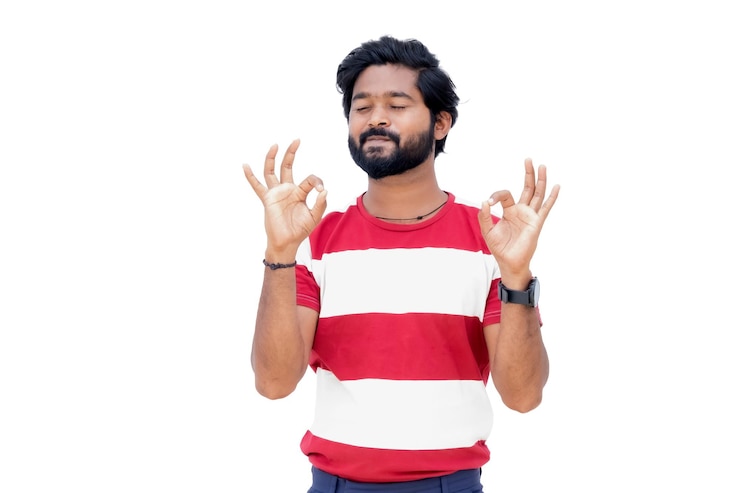 PSD png of a man making a hand gesture with his hands in no background