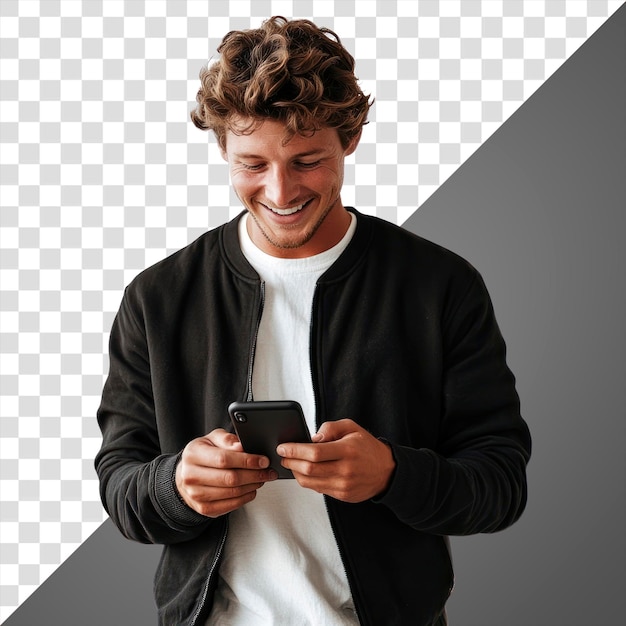 png man playing mobile phone background portrait smiling