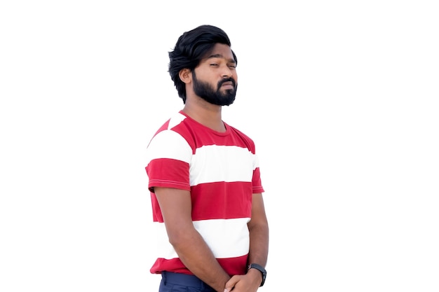 PSD png of man in red and white shirt is standing with his hands in his pockets and looking to the side