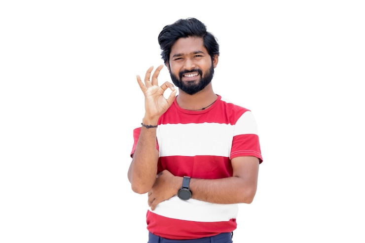 PSD png of a man with beard is making the stasty sign with his hands and smiling