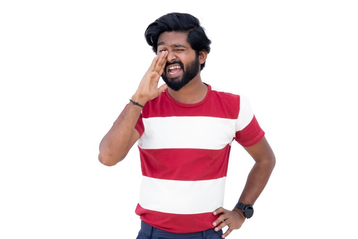 PSD png of a man with beard and in red and white shirt is making a funny face with his hands and fingers