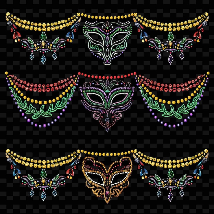 PSD png mardi gras 弦边界设计与面具图案和beillustration 抽象收藏
