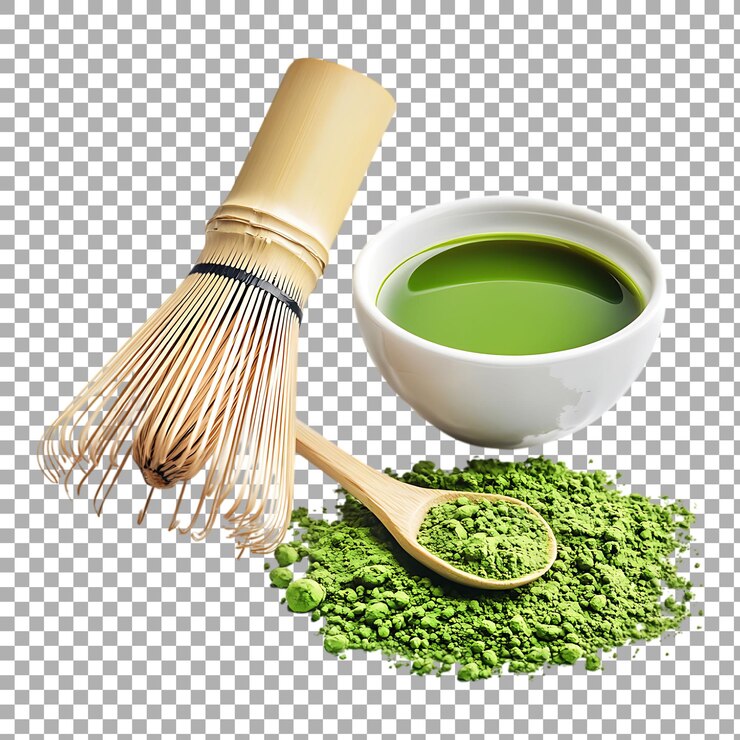 PSD png matcha houten wisk en poeder geïsoleerd tegen een doorzichtige achtergrond voor het bereiden van thee culinary arts of japanse cultuur design