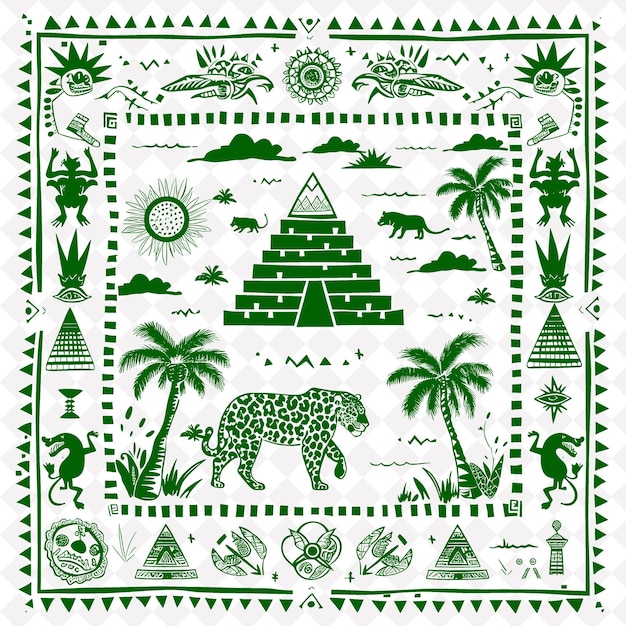 Png mayan folk art with glyphs and pyramids for decorations in t tradional outline art collection