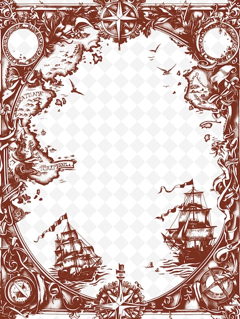 PSD png medieval map frame art with compass and ship decorations bor illustration frame art decorative