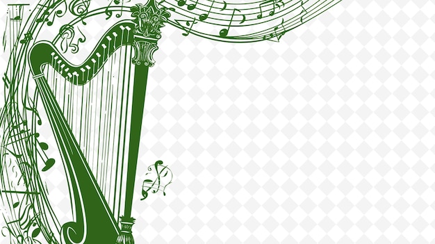 PSD png medieval music frame art with harp and musical notes decorat illustration frame art decorative