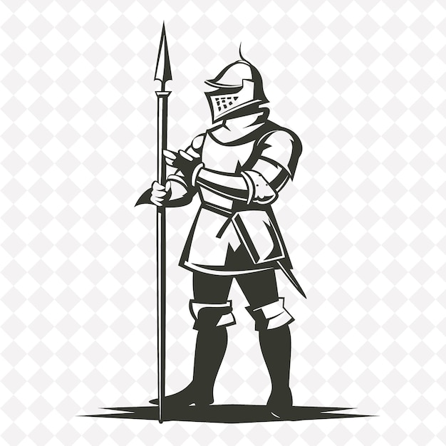 PSD png medieval pikeman with a pike with a stoic expression standin medieval warrior character shape