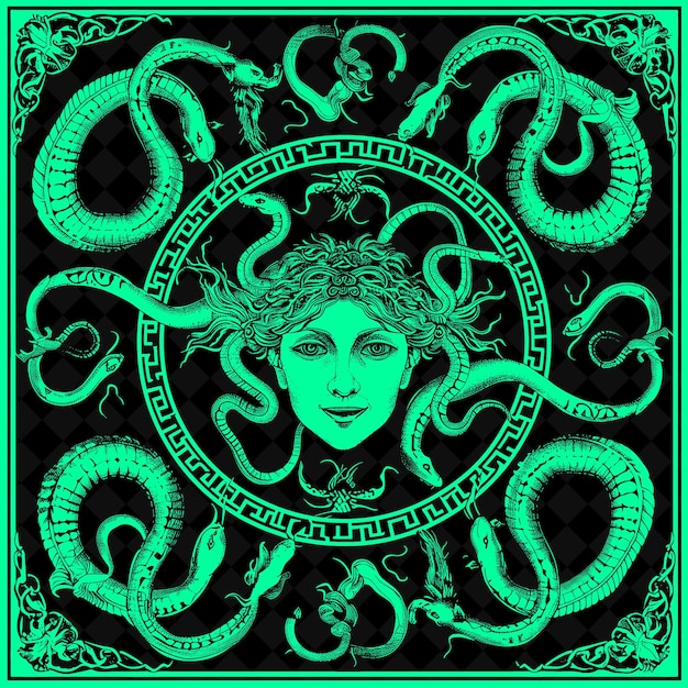 PSD png medusa folk art with snakes and hair for decorations in the illustration outline frame decor