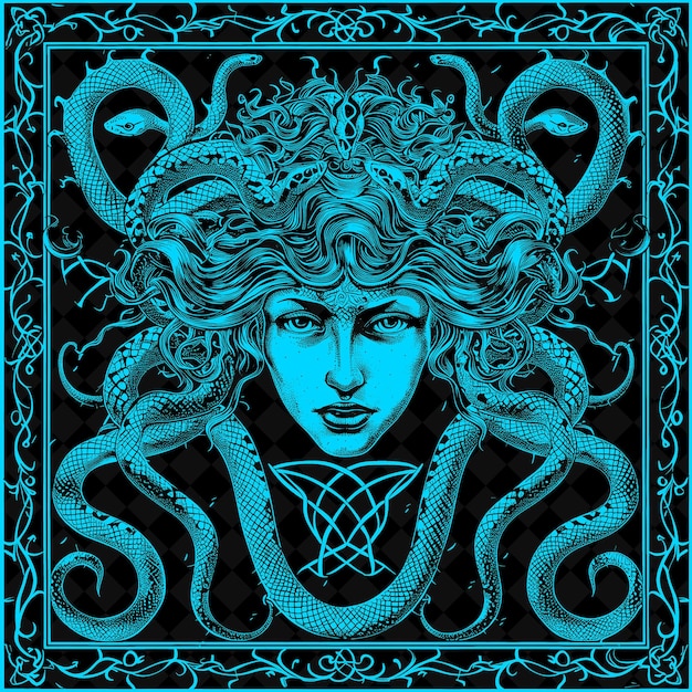 Png medusa folk art with snakes and hair for decorations in the illustration outline frame decor