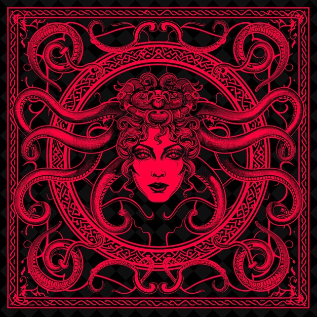 PSD png medusa folk art z wężami i włosami do dekoracji w ilustracji outline frame decor