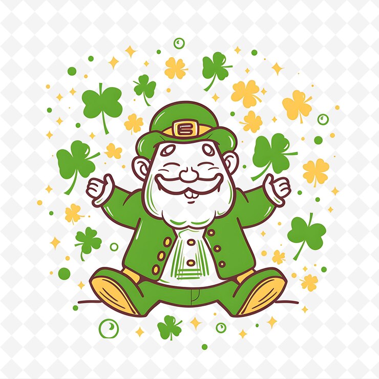 PSD png mischievous leprechaun with four leaf clover shapes randomly flat illustration cute character