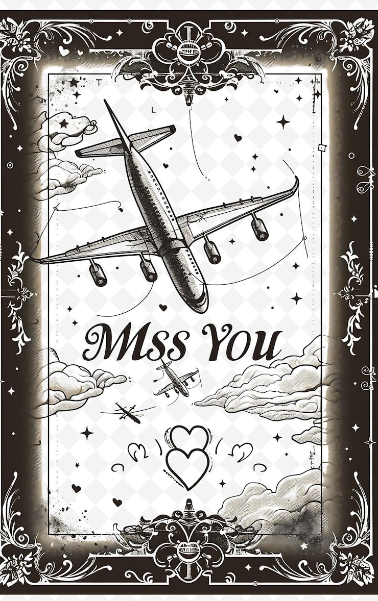 PSD png miss you postcard design with nostalgic frame style design d outline arts scribble decorative