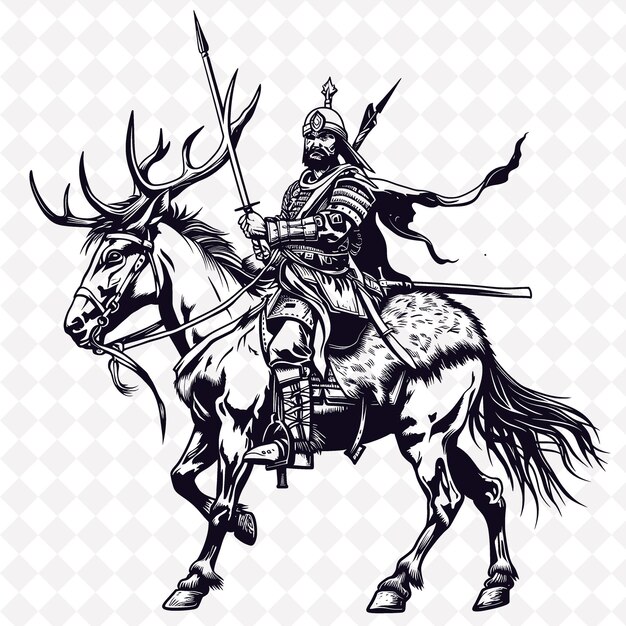 PSD png mongołski wojownik z włócznią i macem wyrażający agresję średniowieczny wojownik kształt postaci
