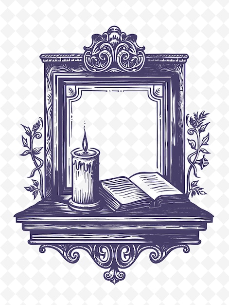 PSD png monks scriptorium frame art with book and candle decorations illustration frame art decorative