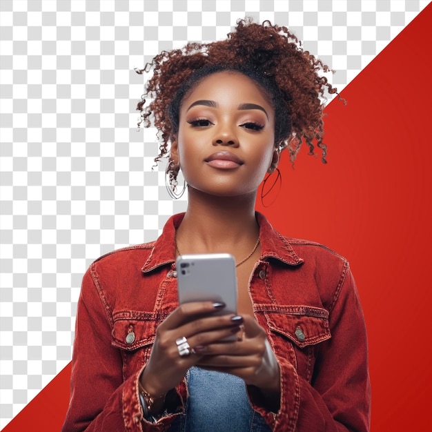 PNG Mooie jonge zwarte vrouw met een telefoon portret haar communicatie