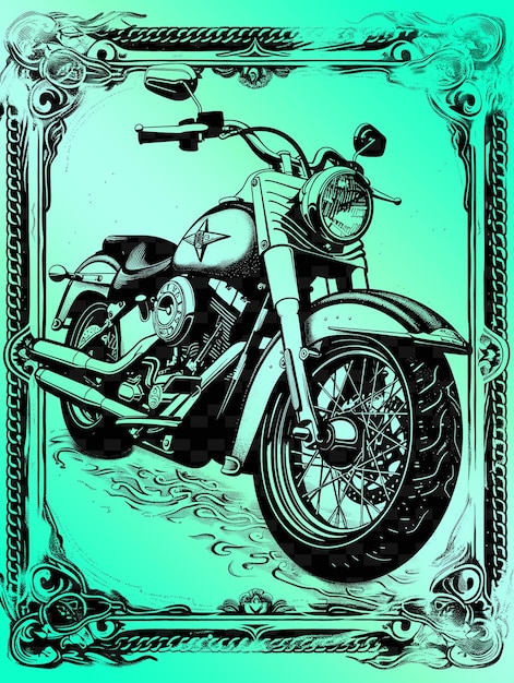 PSD png motocykl postcard design with edgy frame style design deco outline arts scribble decorative
