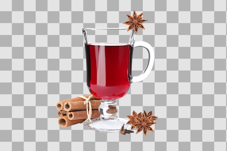 PSD png mulled wine drink in a glass with ingredients isolated on white background