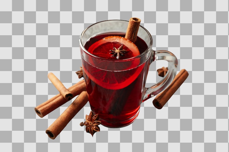 PSD png mulled wine drink in a glass with ingredients isolated on white background