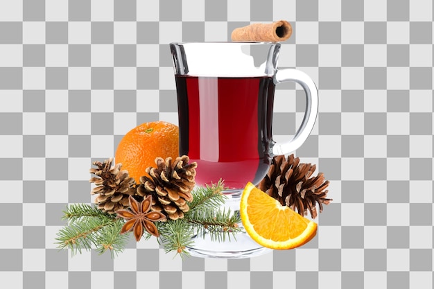png mulled wine drink in a glass with ingredients isolated on white background
