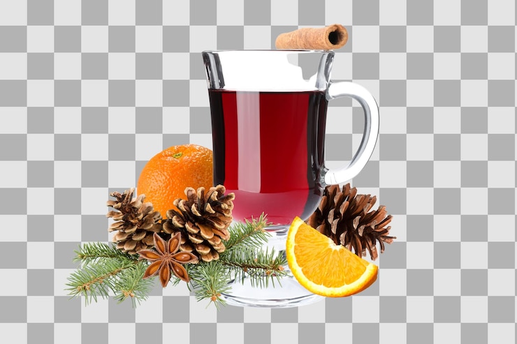 PSD png mulled wine drink in a glass with ingredients isolated on white background