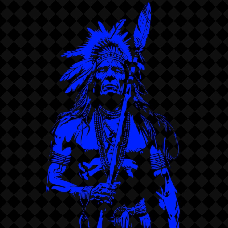 PSD png native american chieftain with a war club adorned with feath medieval warrior character shape