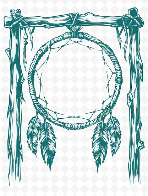 PSD png native american frame art with dreamcatcher and feather deco illustration frame art decorative