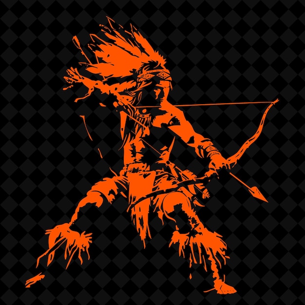 PSD 中世の戦士の性格を表す弓と戦争クラブを持つアメリカ先住民の戦士