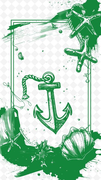 PSD png nautical frame art with anchor and seashell decorations bord illustration frame art decorative