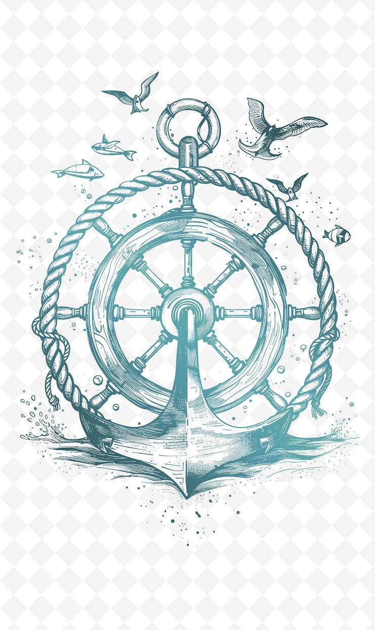 PSD png nautical postcard design with a ships wheel frame style surr outline arts scribble decorative