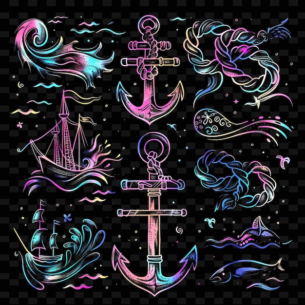 PSD png nautical tape decal with anchors ropes and sailboats and wa creative neon y2k shape decorativev