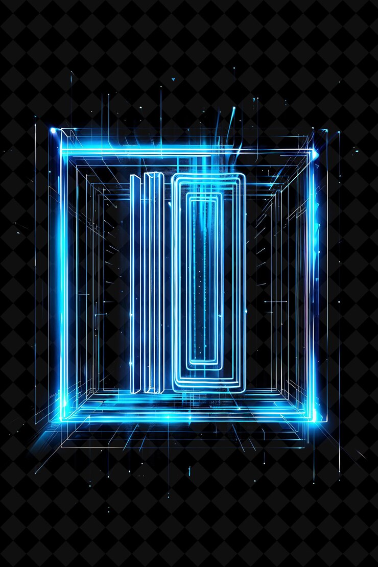 PSD png neon barcode frame with iost symbol barcode patterns and glo y2k neon shape on dark background
