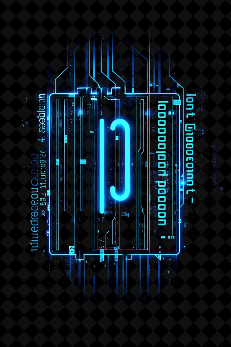 PSD png neon barcode frame with iost symbol barcode patterns and glo y2k neon shape on dark background