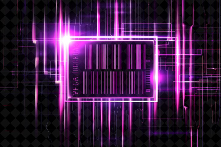 PSD png neon barcode frame with vechain logo barcode patterns and gl y2k neon shape on dark background