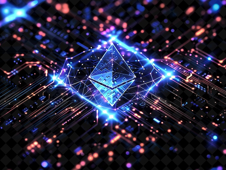 PSD png neon grid design encompassing ethereum with diamonds and cir y2k neon shape on dark background