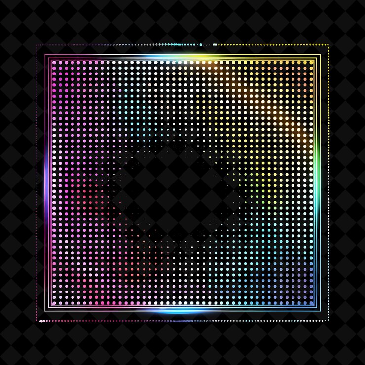 PSD png neon prismatic frame design with polkadot and prismatic patt y2k neon shape on dark background