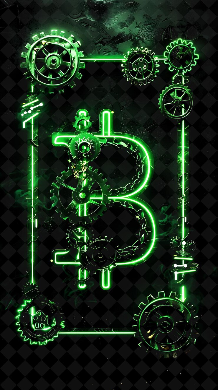 PSD png neon tube frame encasing litecoin with gears and a dollar si y2k neon shape on dark background
