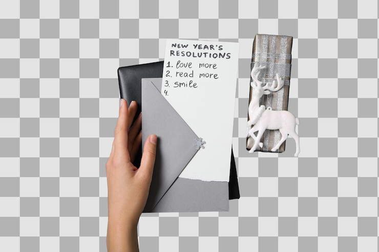 PSD png new years resolutions notebook with new years decor isolated on white background