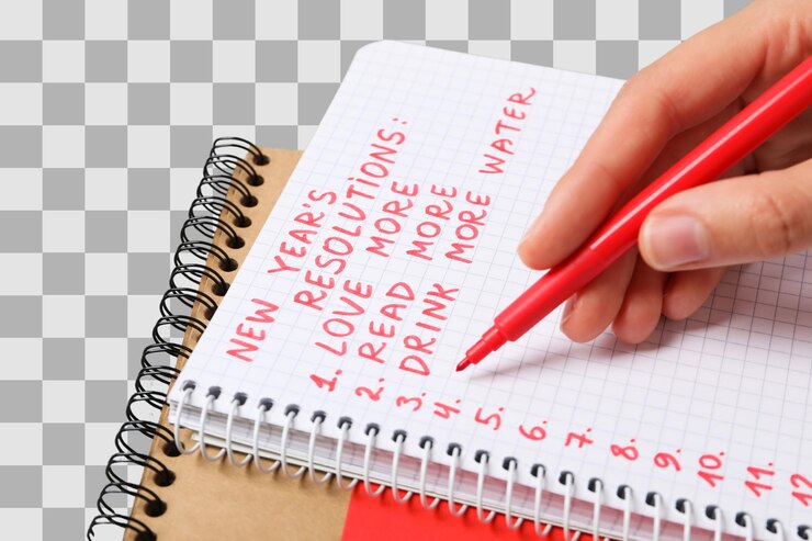 PSD png new years resolutions notebook with new years decor isolated on white background