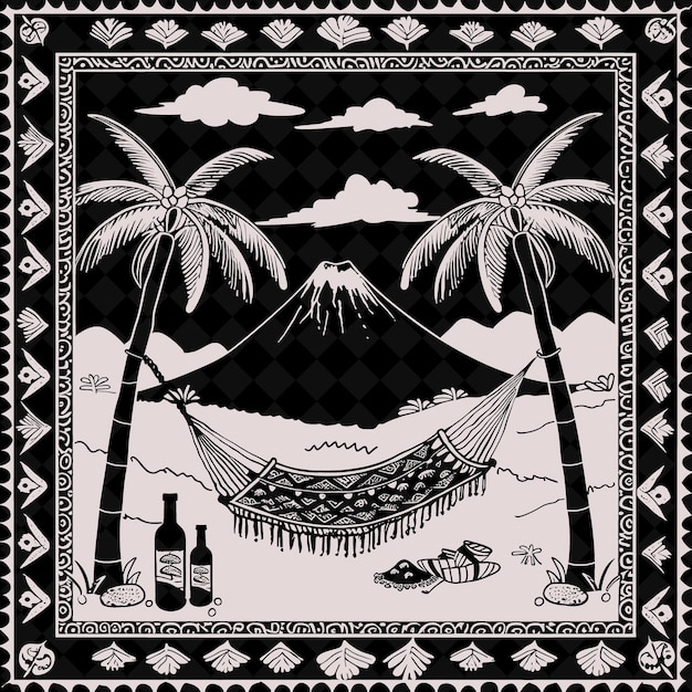 PSD png nicaraguan folk art with hammocks and volcanoes for decorati outline traditional frame art