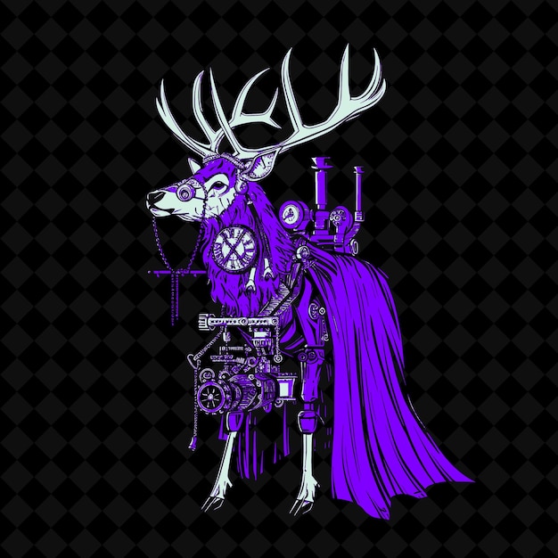 PSD png noble elk with a clockwork antler and a steam powered engine 動物のマスコットの概要ベクトルを描いています