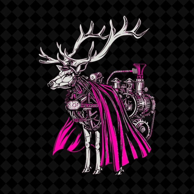 PSD png noble elk with a clockwork antler and a steam powered engine 動物のマスコットの概要ベクトルを描いています