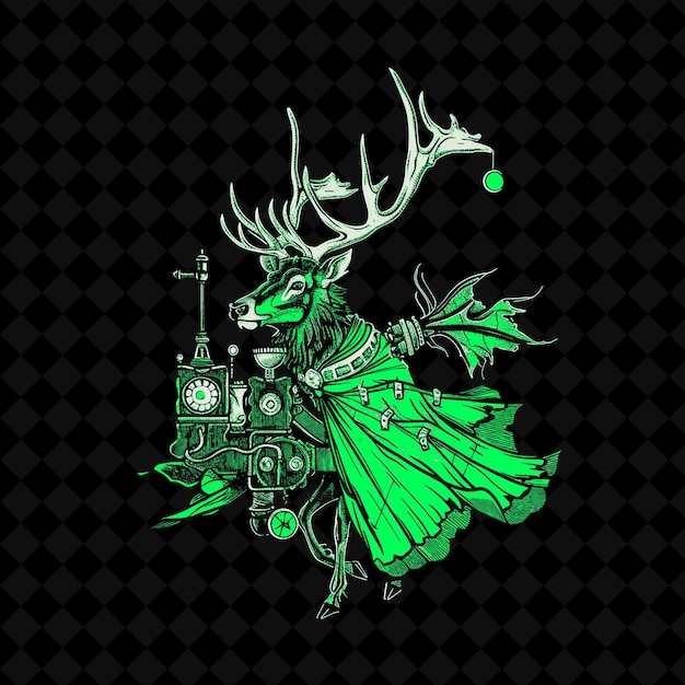 PSD png noble elk with a clockwork antler and a steam powered engine outline vector of animal mascot